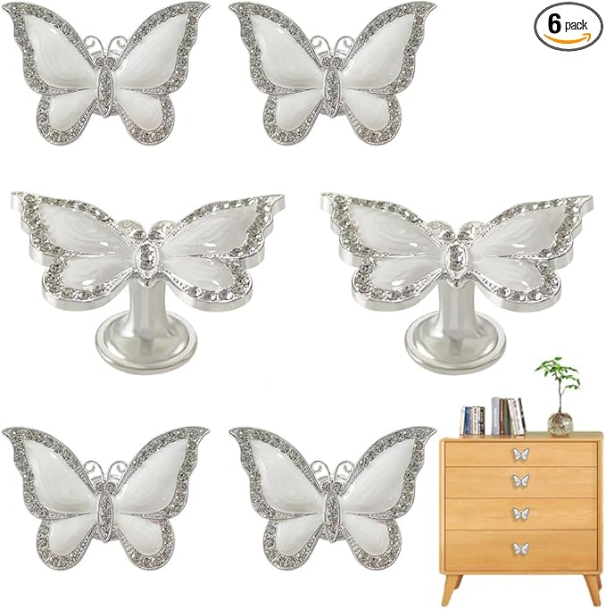 Butterfly Cabinet Knobs,6 Pieces Butterfly Knobs Single Hole Pulls Handles Decorative Door Cabinet Drawer Cupboard Furniture Door Wardrobe (Silver)