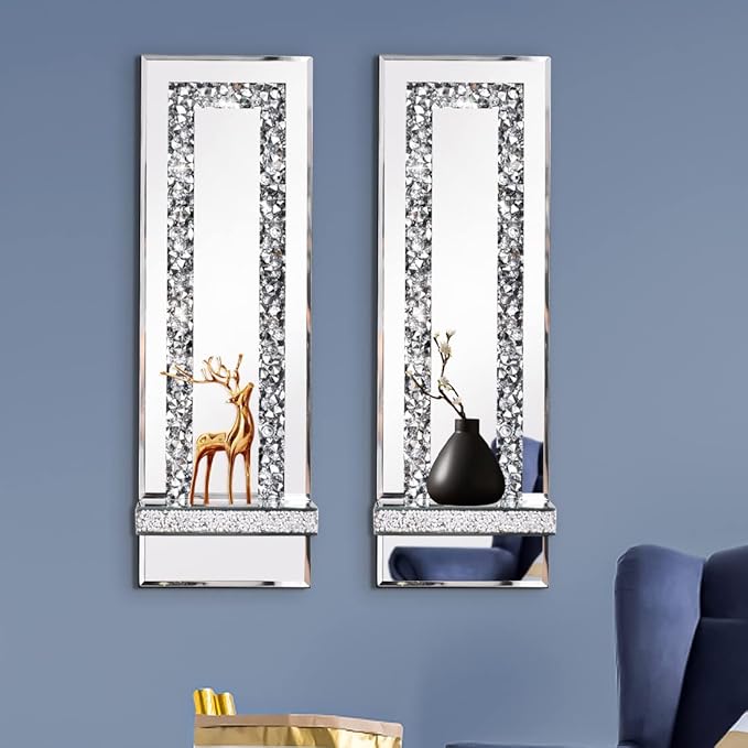 Crystal Crush Diamond Mirrored Candle Sconces, Silver Wall Candle Holder Set of 2, Wall Decorations for Living Room，Dining Room (Rectangle Stripe (Style 4))