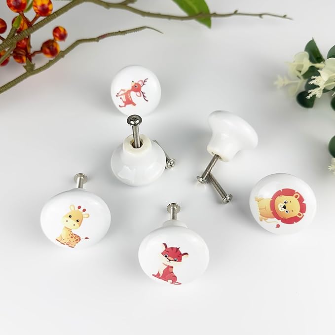 6PCS 1.5" Cute Funky Safari Animals Ceramics Drawer Pulls Lion Knobs Nursery Kids Room Unique Cabinet Decor Dresser Knobs(Lion)