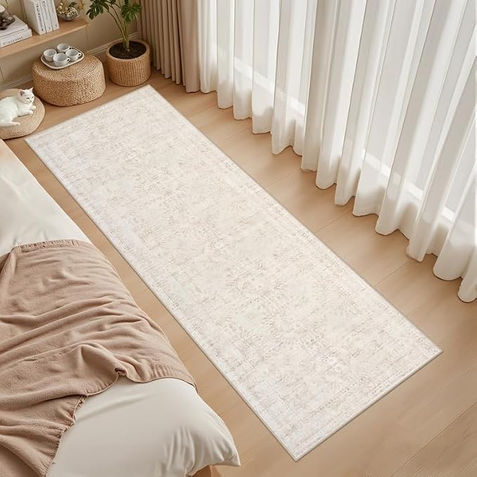 2'6''x8' Hallway Washable Runner Rug: Neutral Kitchen Carpet Beige | Vintage - Image 3