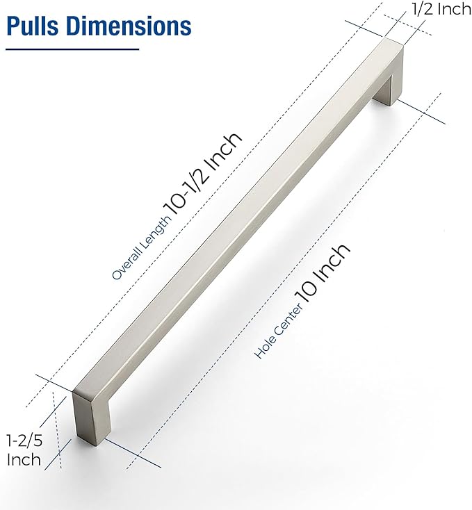 JOY DECOR 4 Pack Cabinet Handles, Brushed Nickel Cabinet Pulls, 10 Inch Kitchen Closet Handles Square Drawer Pulls Stainless Steel Drawer Hardware, 256mm Hole Centers