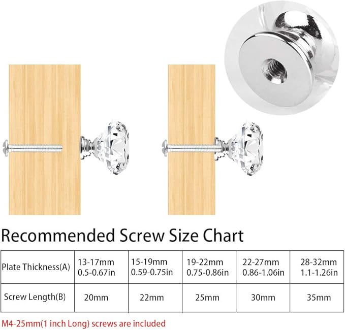 [12 PCS] 40mm Crystal Clear Glass Cabinet Drawer Pulls, Diamond Shape Cupboard Knobs with Screws for Kitchen, Dresser, Cupboard, Bathroom, Wardrobe (1.6 inch / 40mm)