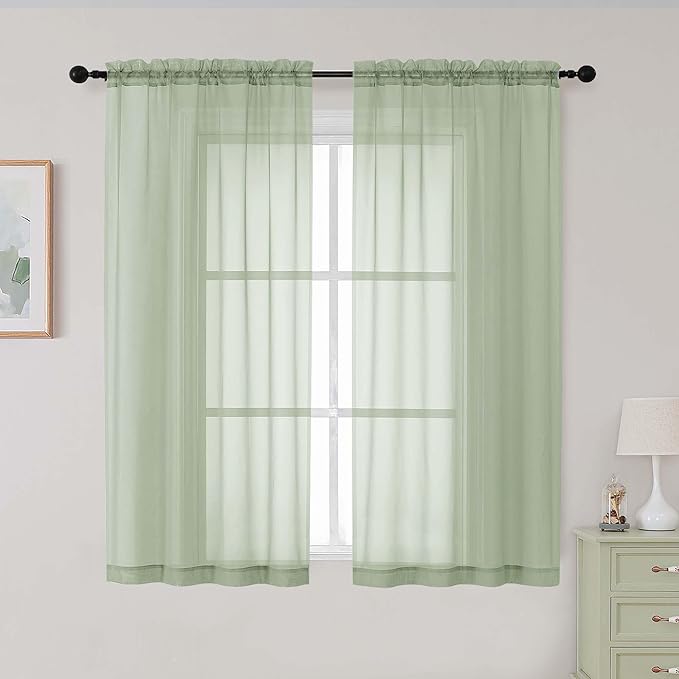 Light Green Sheer Curtains for Bedroom Living Room 54 Inch Length 2 Panels Set by WelvetBLK