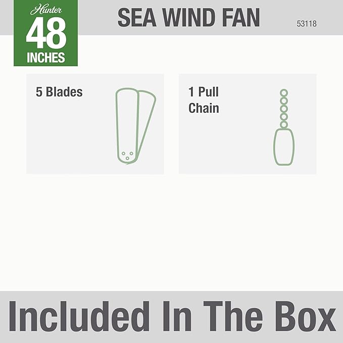 Hunter 48 inch Outdoor or Indoor Ceiling Fan No Light - Low Profile Mount, Black Ceiling Fan without Light, For Patio, Porch, Garage, or Living Room, 5 Blades, Pull Chain - Sea Wind 53118, Matte Black