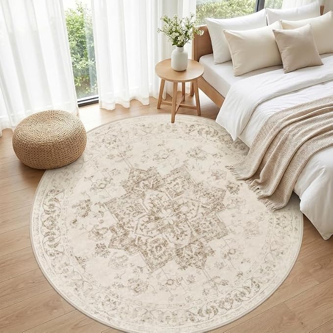 Round Area Rug Living Room: 8ft Washable Carpet Beige/Ivory | Vintage Boho - Image 4