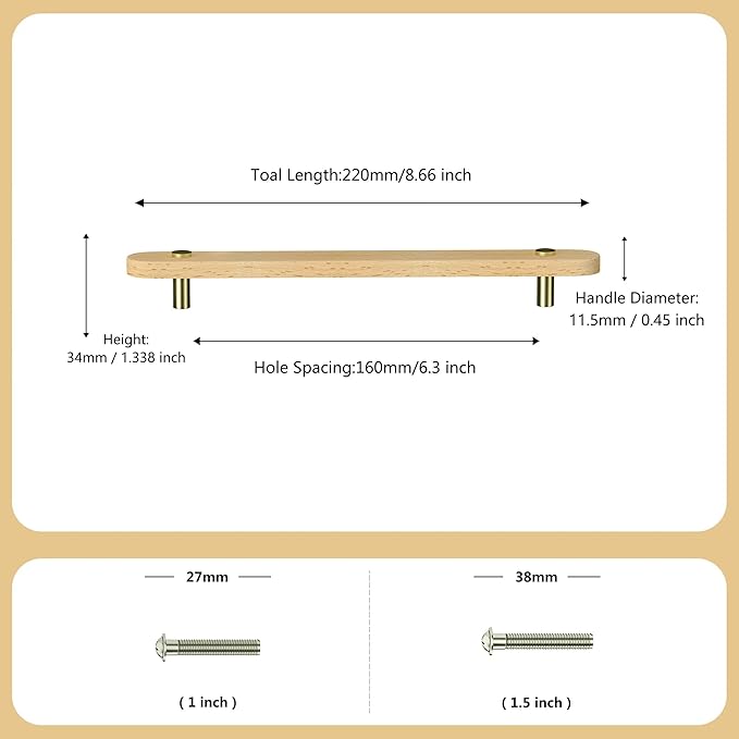Wooden Drawer Pulls,6-Pack Beech Wood Drawer Handles 6.3in,Suitable for Kitchen, Living Room, Bedroom, Bathroom and Other Scenes,Gold
