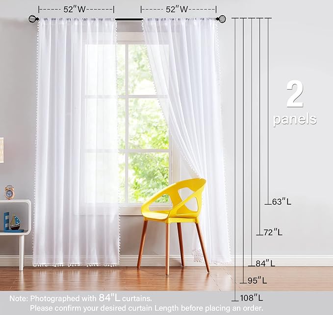 Treatmentex Pompom Sheer White Curtains for Living Room Kid's Room 72" Window Voile Drapes Slub Linen Texture Bedroom Curtains 2 Pack Rod Pocket