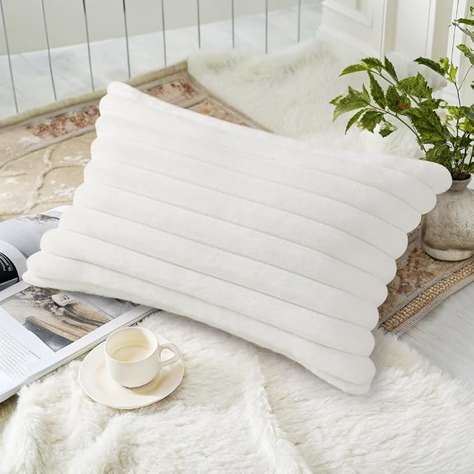 decorUhome Fall Faux Fur Throw Pillow Covers 12x20 Set of 2 White | Decorative - Image 4