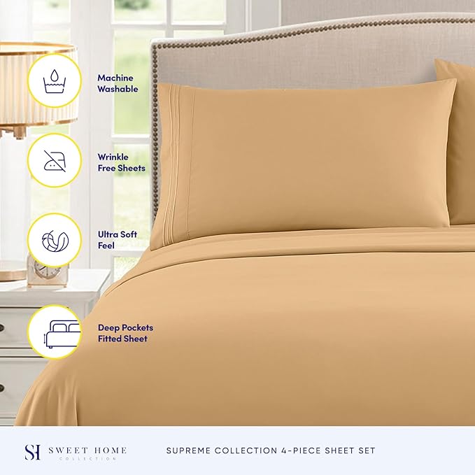 Split King Sheets - Breathable Luxury Sheets with Full Elastic & Secure Corner Straps Built In - 1800 Supreme Collection Extra Soft Deep Pocket Bedding Set, Sheet Set, Split King Size, Camel
