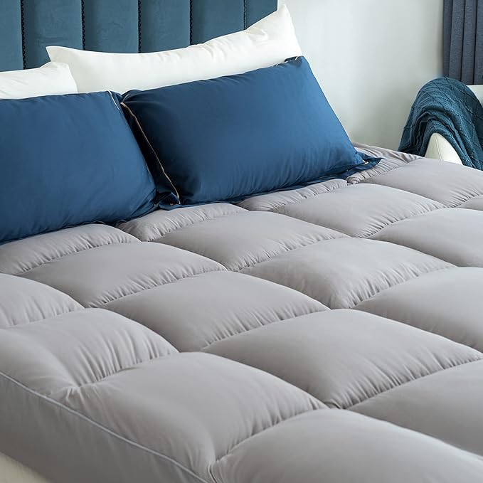 Cooling Mattress Pad Extra Thick Bed Topper Plush Pillow Top Hotel Quality Down Alternative Mattress Topper for Queen Bed, Queen Size, Grey