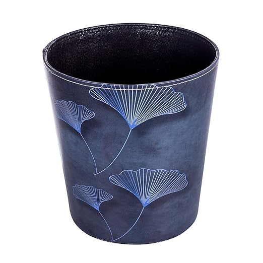 10L/2.64 Gallon Trash Can, Decorative Waste Basket, PU Leather Waste Paper Basket, Waterproof Garbage Can for Bathroom, Bedroom, Office, Kitchen and Living Room - Blue Lines Leaves