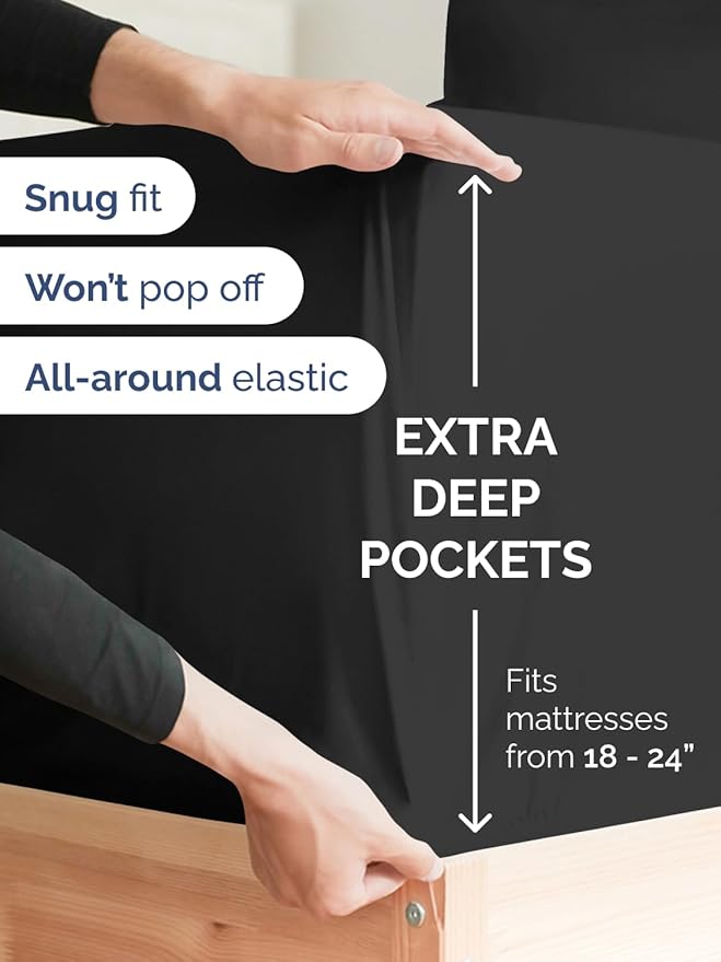 Extra Deep Split King Sheet Set - 7 Piece Breathable & Cooling Sheets - Hotel Luxury Bed Sheets Set - Easy & Secure Fit - Soft, Wrinkle Free & Comfy Sheets Set - Black Sheet Set w/Extra Deep Pockets