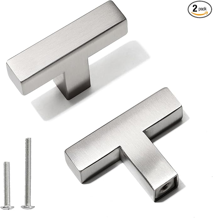 Bar Cabinet Pulls - 2 Pack Square Brushed Nickel Drawer Knobs, Stainless Steel Single Hole Cupboard Hardware