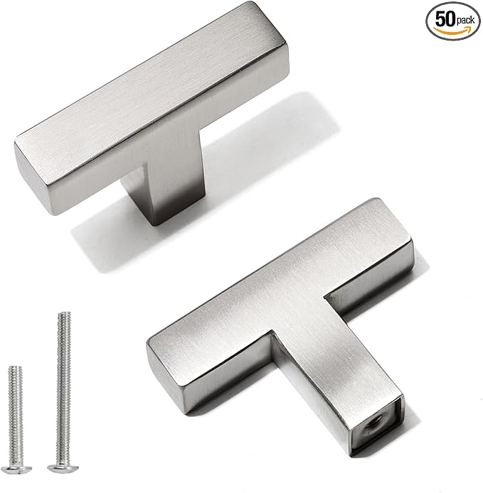Cabinet Pulls Single Hole Cabinet Handles, 50 Pack Square Brushed Nickel Bar Cabinet Pulls Drawer Cabinet Knobs Cupboard Hardware Cabinet Handles, Stainless Steel Single Hole Cabinet Knobs
