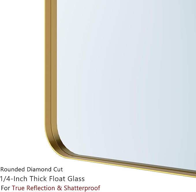 VocalStar Gold Bathroom Mirror for Wall, 24 x 36 Inch Metal Framed Rounded Rectangle Vanity Mirror Modern Farmhouse, 1/4-inch Shatterproof Glass | Ultra-Flush Hanging