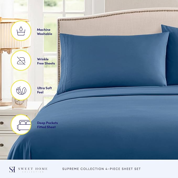 California King Sheet Sets - Breathable Luxury Sheets with Full Elastic & Secure Corner Straps Built In - 1800 Supreme Collection Deep Pocket Bedding, Sheet Set, EXTRA DEEP pocket - Cal King, Denim