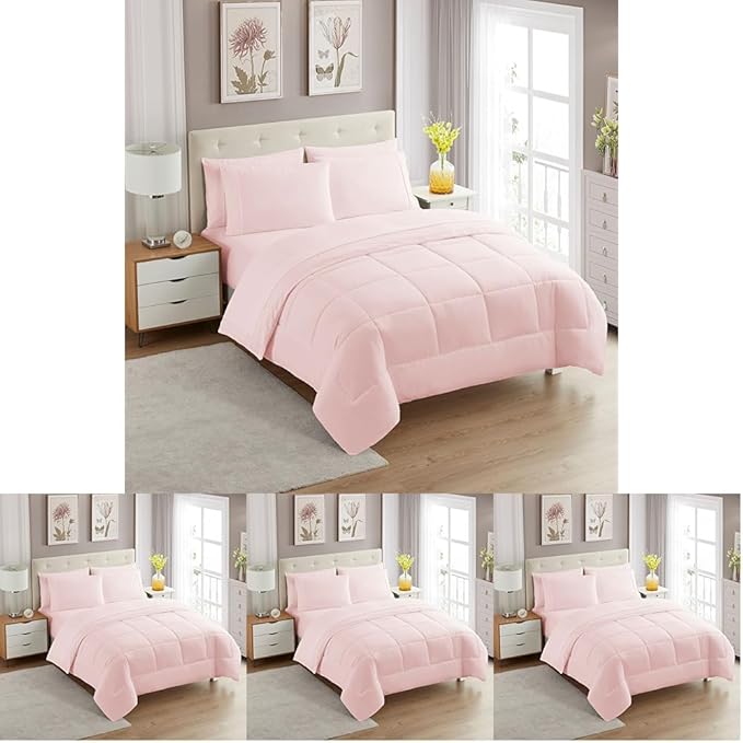 Sweet Home Collection 5 Piece Comforter Set Bag Solid Color All Season Soft Down Alternative Blanket & Luxurious Microfiber Bed Sheets, Pale Pink, Twin (Pack of 4)