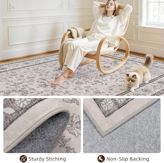 8x10 Area Rugs Living Room: Bedroom Washable Carpet Beige & Grey | Large - Image 4