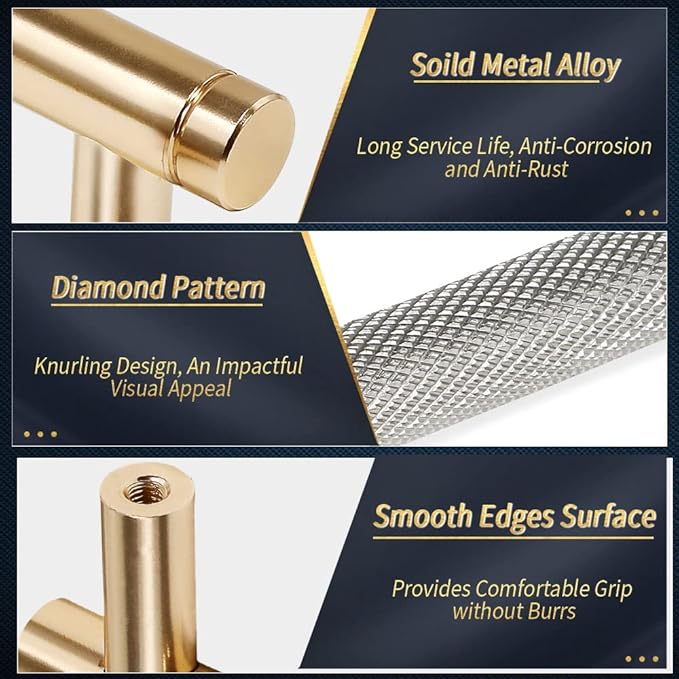 Knurled Cabinet Pulls 6 Pack, 4 Inch Long Cabinet Handles Metal Door Pulls, Kitchen Drawer Pull Knurled Dresser Handles - 3" Hole to Hole, Grey & Gold