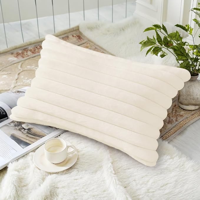 decorUhome Fall Faux Fur Throw Pillow Covers 12x20 Set of 2 Cream White | - Image 2