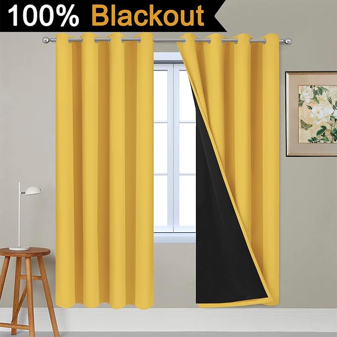 Yakamok Mustard Yellow Blackout Curtains Panels 72 Inches Long, 2 Thick Layers - Image 2