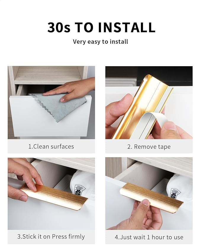 5 Pack 8 inch self Adhesive Cabinet pulls Adhesive Cabinet Handles Gold Drawer Edge pulls Stick on Handles for Cabinet Finger pulls for Cabinet Drawer Handles Seam