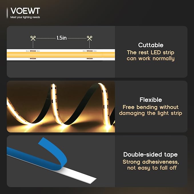 COB LED Strip Lights Neutral White 4000K,16.4ft 24V High CRI 95Ra+ Super Bright,Flexible Tape Lights for Bedroom,Mirror,Kitchen Cabinet, Living Room(Power Supply Not Included)
