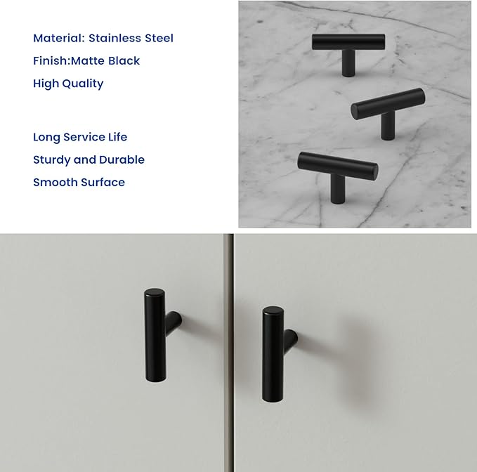 LONTAN 10 Pack Black Knobs for Cabinets and Drawers Kitchen Cabinet Knobs for Dresser Bathroom Modern T Bar Furniture Black Hardware,Stainless Steel