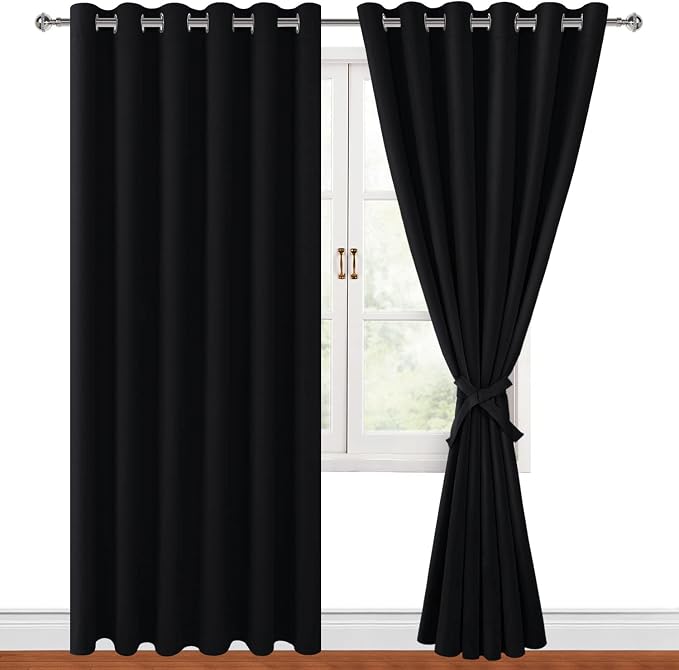 Grommet Blackout Curtains for Bedroom 70 x 84 Inches Black 2 Panels | Thermal by Hiasan