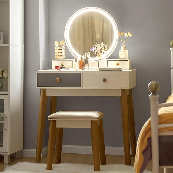 CHARMAID Vanity Set with Lighted Mirror, 3 Color Touch Screen Dimming Mirror, Adjustable Brightness, Bedroom Makeup Dressing Table with 4 Drawers and Cushioned Stool for Girls Women, White & Gray