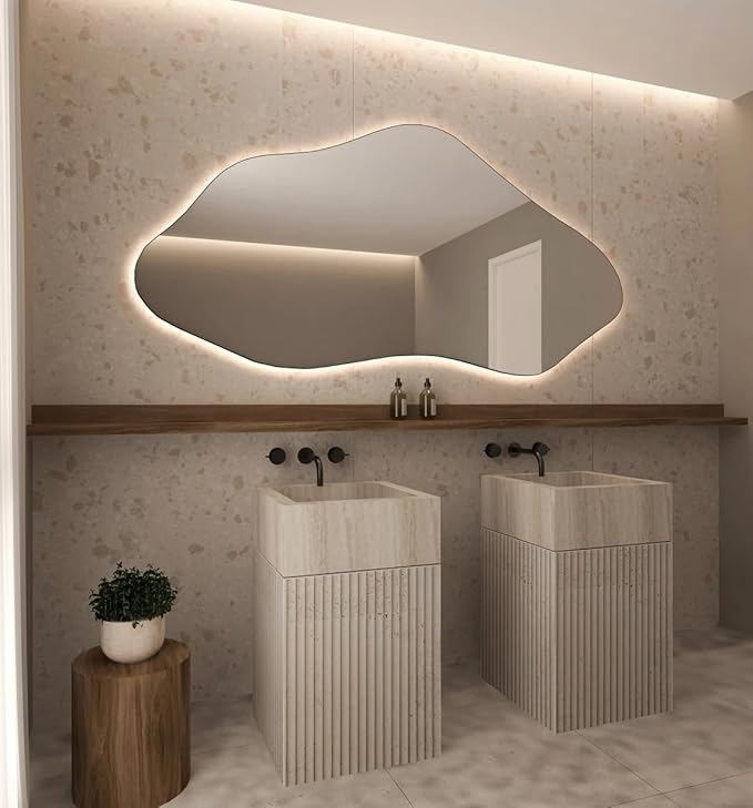 Asymmetrical Bathroom LED Mirror, Modern Irregular Shape Wall Mirror with LED Lights, Frameless Aesthetic Backlit LED Illimunated Vanity Mirror (38" x 19" inc)