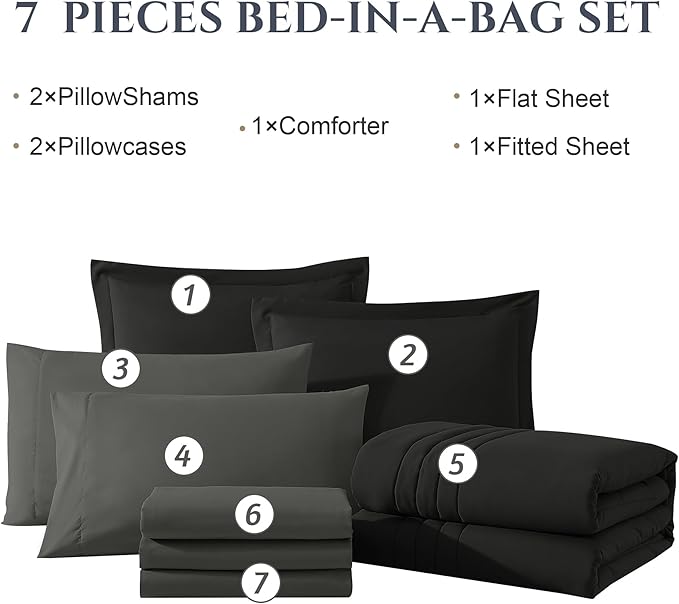 Monbix Queen Comforter Set - 7 Pieces Black Bed in a Bag Queen Bedding Sets with Comforters, All Seasons Down Alternative Comforter Bed Set with Sheets,Pillowcases & Shams