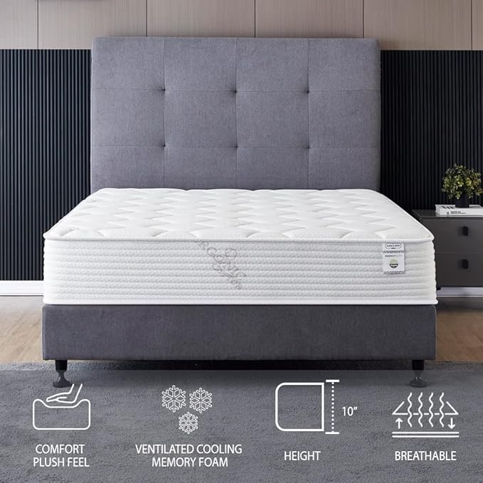 Queen Size Mattress - 10 Inch Cool Memory Foam & Spring Hybrid Mattress with Breathable Cover - Comfort Plush Euro Pillow Top - Rolled in a Box - Oliver & Smith