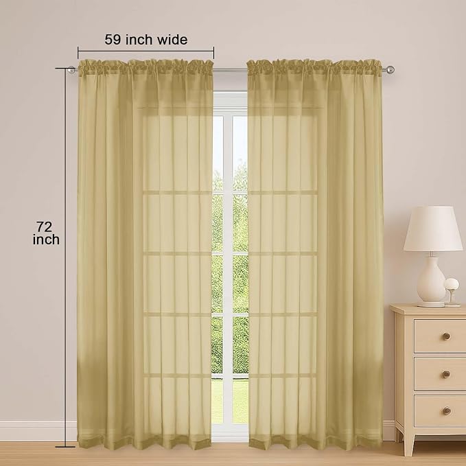 Gold Sheer Curtains 72 Inches Long 2 Panels Set, Transparent Voile Sheer Curtain - Image 2