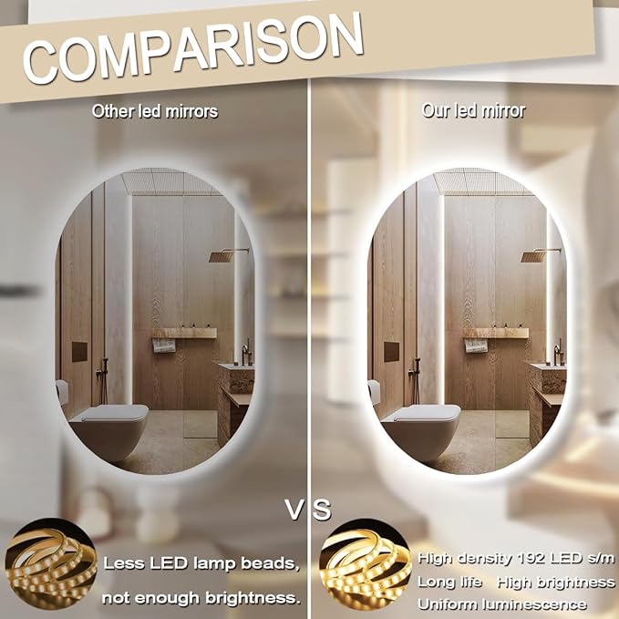THEKLA LED Oval Backlit Mirror for Bathroom Wall Vertical Horizontal Mount Makeup 16 x 24 inch Frameless Backlight Oval Lighted Vanity Mirror with Lights Smart Memory 3 Color Backlit Dimmable Anti-Fog