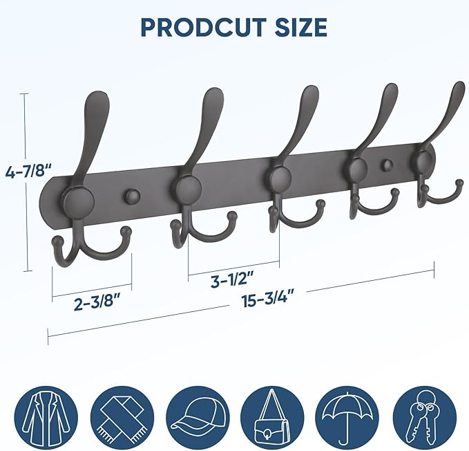 TICONN Wall Mounted Coat Rack, Five Heavy Duty Tri Hooks All Metal Construction for Jacket Coat Hat in Mudroom Entryway (Space Gray, 1-Pack)