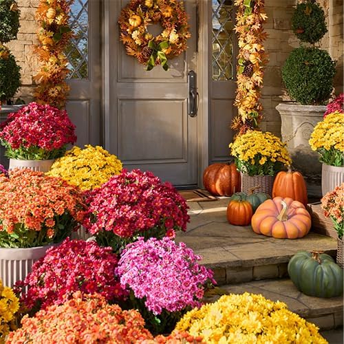 Artificial Mums for Outdoors, Faux Sunset Mum Flowers Planters for Indoor Outside Decor, Fake Look Real, Vibrant, UV Resistant, Waterproof, Windproof (White, 5 Bundle)