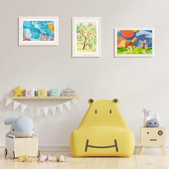 KINLINK A4 Kids Art Frames Set of 2, Solid Wood Kids Artwork Frames Changeable with Acrylic Front Opening Holds 150 Pictures 8.3x11.7, Art Frame for Kids Artwork with Mat or without Mat, White Wood