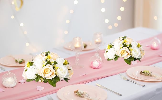 Flower Balls Wedding Rose Centerpieces: 2 Pcs Fake Flowers with Base Kissing Balls Decor Champagne White Artificial Floral Arrangements Flower Bouquet of Roses Home Party Table DIY Decorationss