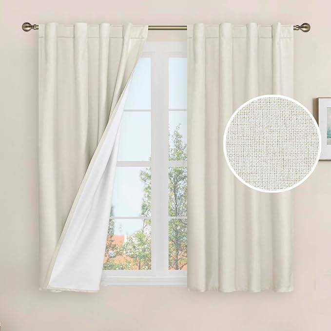 Ivory 100% Blackout Polyester Curtains 54 Inches Long, Linen Textured Living by LAMIT