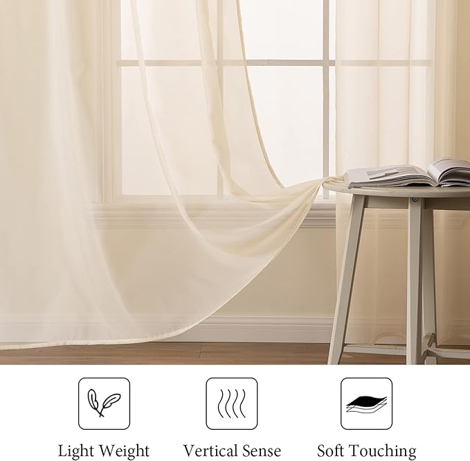 MIULEE Cream Beige Sheer Curtains 54 X 120 Inches, 2 Panels | Solid Color - Image 4