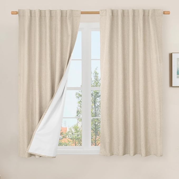 Natural 100% Blackout Polyester Curtains, 45 Inches Polyester Textured Thermal by LAMIT