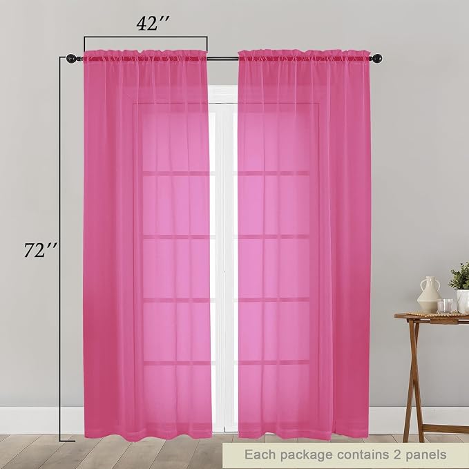 Hot Pink Sheer Curtain for Bedroom Living Room 72 Inches Long 2 Panels Set - Image 2