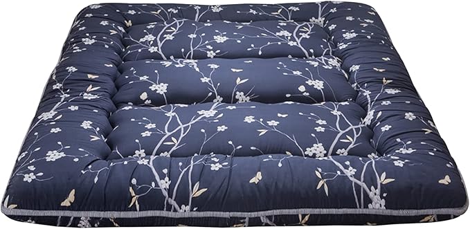 MAXYOYO Navy Floral Printed Japanese Floor Mattress Rustic Style Futon Mattress Foldable Bed Roll Up Camping Mattress Floor Lounger Bed Couches and Sofas Mattress Topper King Size