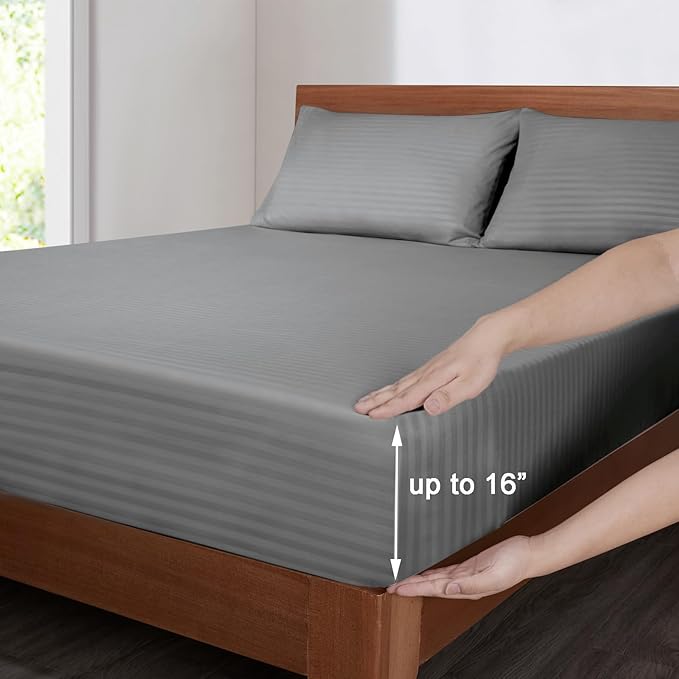 Mejoroom Striped King Size Sheet Set – Hotel Luxury Bed Sheets - Deep Pocket Up to 16 inch, Breathable, Wrinkle, Fade and Stain Resistant – 4 Piece(02-Gray)