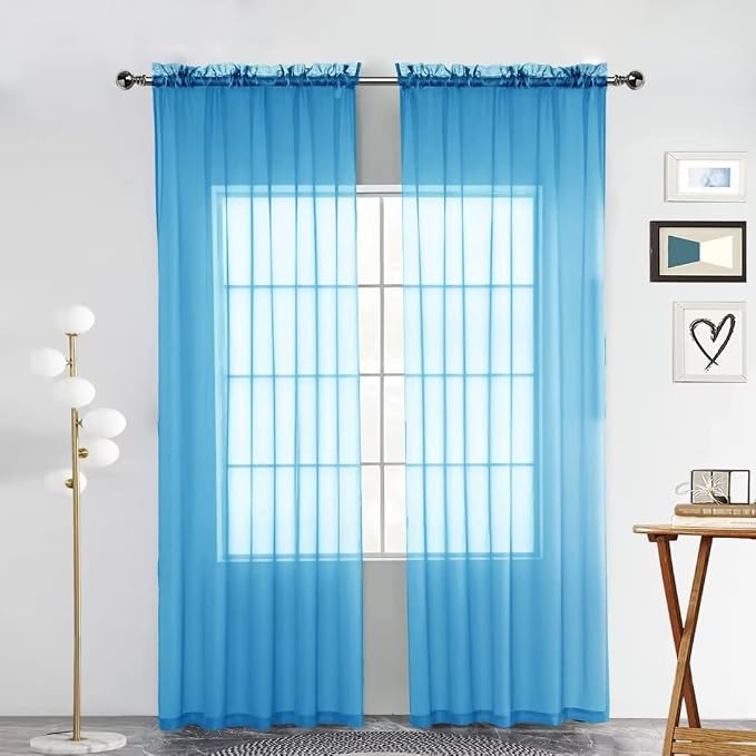 SpaceDresser Basic Rod Pocket Sheer Voile Window Curtain Panels Cyan Blue 1 by SpaceDresser