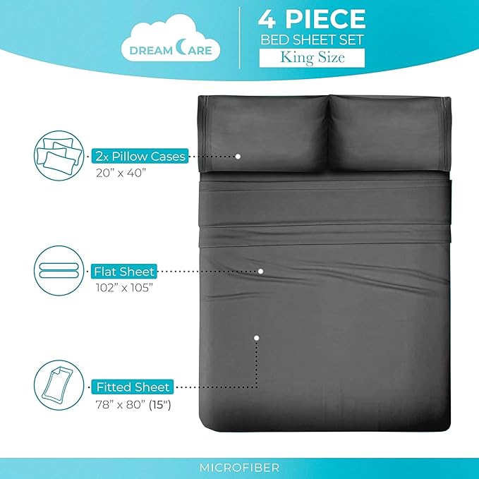 DREAMCARE King Size Sheets Set - Cooling Bed Sheets - 4pcs Set - up to 15" Deep Pocket King Sheet Set – Soft & Long Lasting Cooling - 100% Fine Brushed Polyester with Side Pocket - Dark Gray