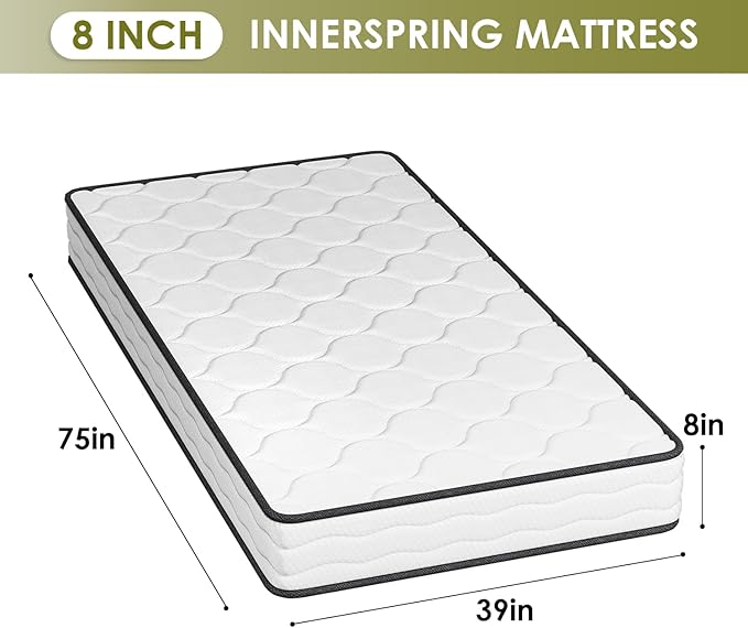 PayLessHere | 8 Inch Twin Mattress | Medium Firm Hybrid Mattress | White | with High-Density Foam and Breathable Cover | Pocket Spring Design, Pressure Relief | Bed in a Box, CertiPUR-US Certified