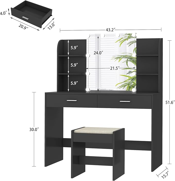 usikey Vanity Desk with Mirror and Lights, Vanity Makeup Table Set with 2 Drawers & 6 Open Shelves, Makeup Vanity Desk Dressing Table with Cushioned Stool, Black