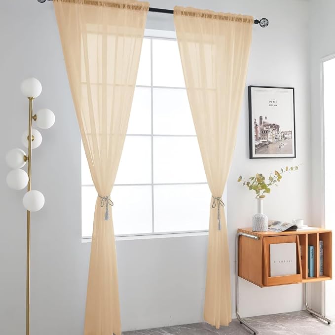 SpaceDresser Basic Rod Pocket Sheer Voile Window Curtain Panels Apricot 1 Pair - Image 2
